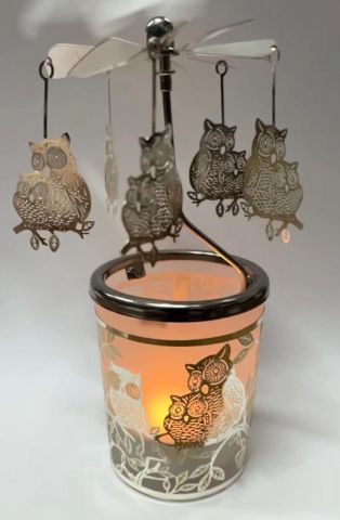 PORTA VELA CARRUSEL CRISTAL/METAL  2 BÚHOS